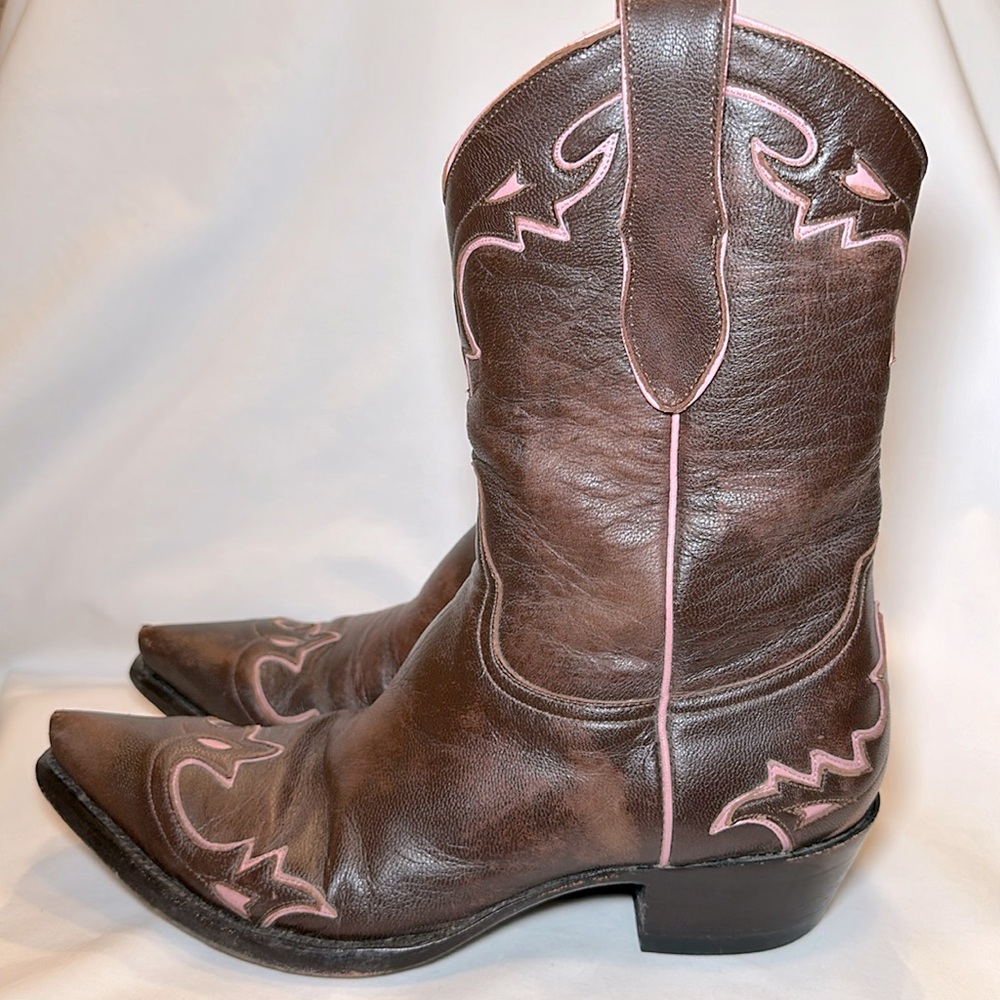 Cowboy Boots, 9.5B, Chocolate Brown, Pink trim, 10” Midshaft, with box